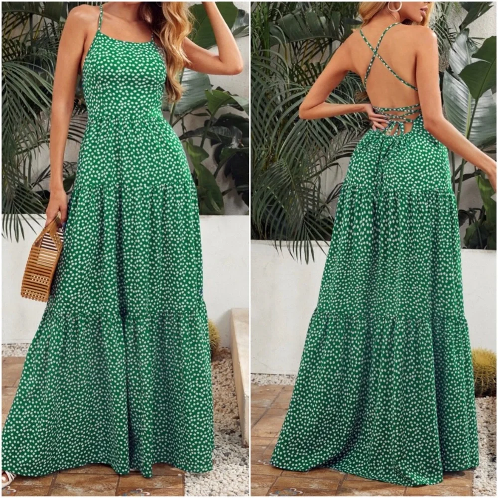 Bohemian Green Floral Print Lace up Back Cami Maxi Dress - Picture 1 of 3